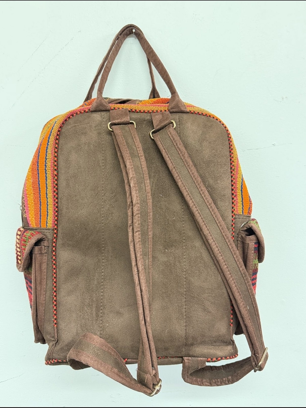 Vintage Kilim Multicolor Woven Suede Leather Backpack Boho - Picture 3 of 6